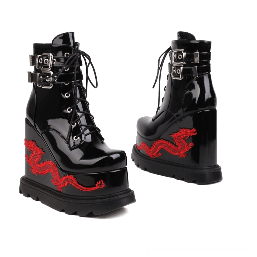 Black patent leather dragon embroidered gothic platform wedge ankle boots showcasing front and rear angles