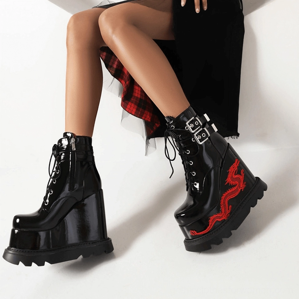 Dragon embroidered goth platform ankle boots showing boot shaft and embroidery placement