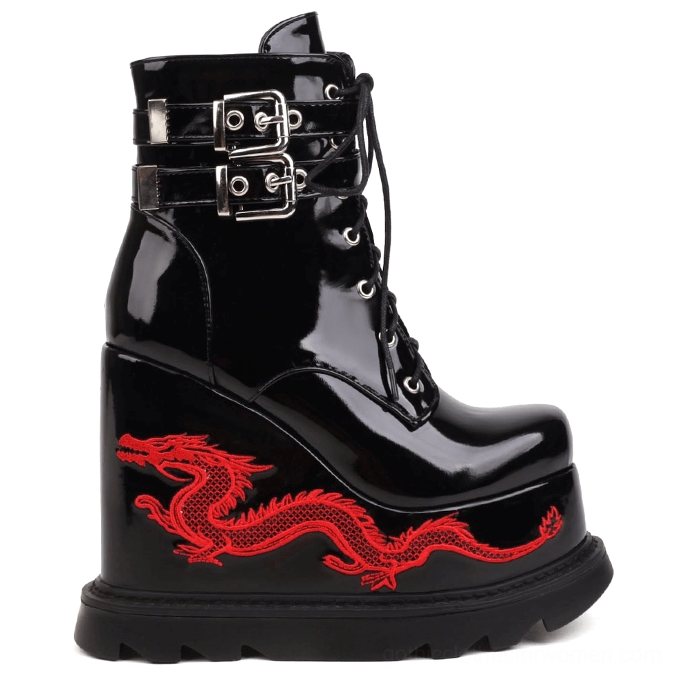 Black patent leather dragon embroidered gothic platform boots highlighting lug sole and thick wedge heel