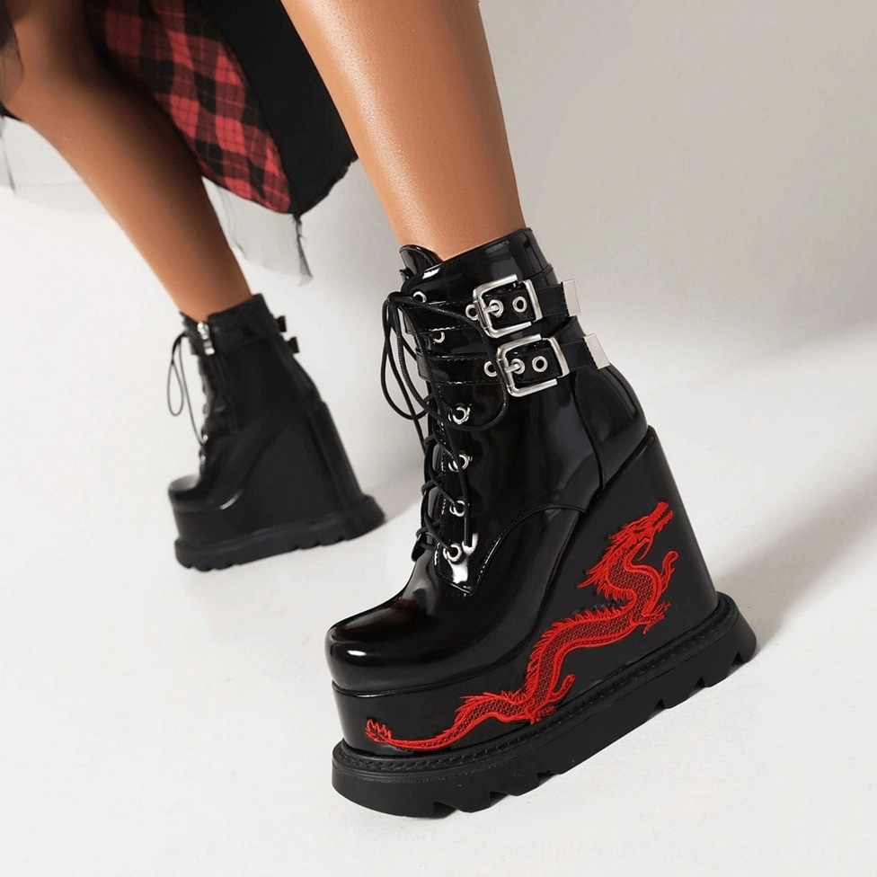 Black gothic dragon embroidered platform boots zip closure and metal buckle hardware