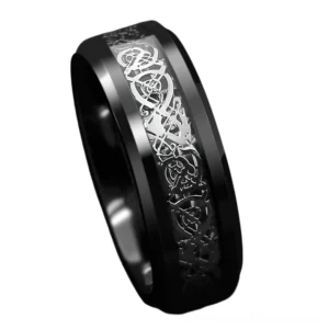 Black and silver dragon ring side profile, showcasing Celtic dragon motif and polished metal craftsmanship