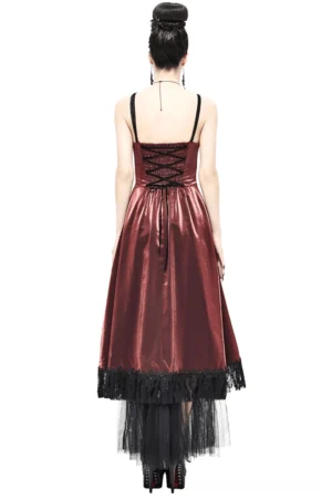 Gothic wine red slip dress back view showing lace-up corset detail and high-low tulle hemline on model