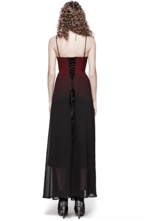 Back view of gothic dress showing corset lace-up velvet ribbon closure and floor-length sheer chiffon