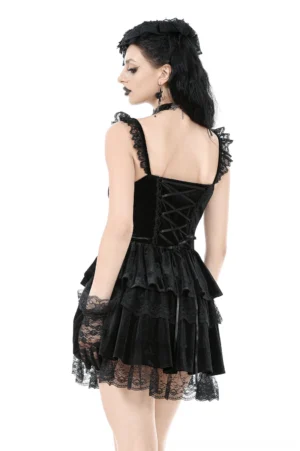 Gothic corset dress back view showing adjustable lace-up closure and layered ruffle skirt detail