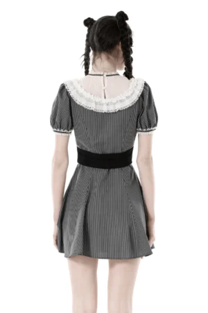 Gothic striped maid dress back view showing laced collar trim and fitted waistband - model with braided hair on white backdrop
