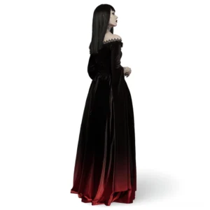 Rear view of black-red ombre gothic medieval dress with corset lace-up back closure and floor-length velvet skirt