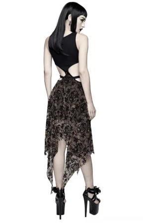 Black asymmetrical gothic dress back view showing open-back cutout design and handkerchief hemline