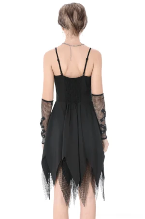 Black gothic zip dress rear view showing shirred back panel, adjustable spaghetti straps, and layered fishnet hem detail on white studio background