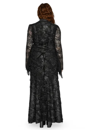 Gothic black lace maxi dress back view showing lace-up corset back and floor-length fishtail hem