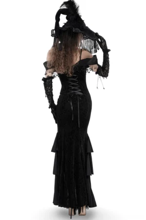 Black gothic dress with lace-up corset back and cascading ruffles, rear view on model