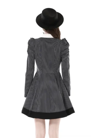 Steampunk gothic dress with tailored waist and black-trimmed flared skirt - back full-body view