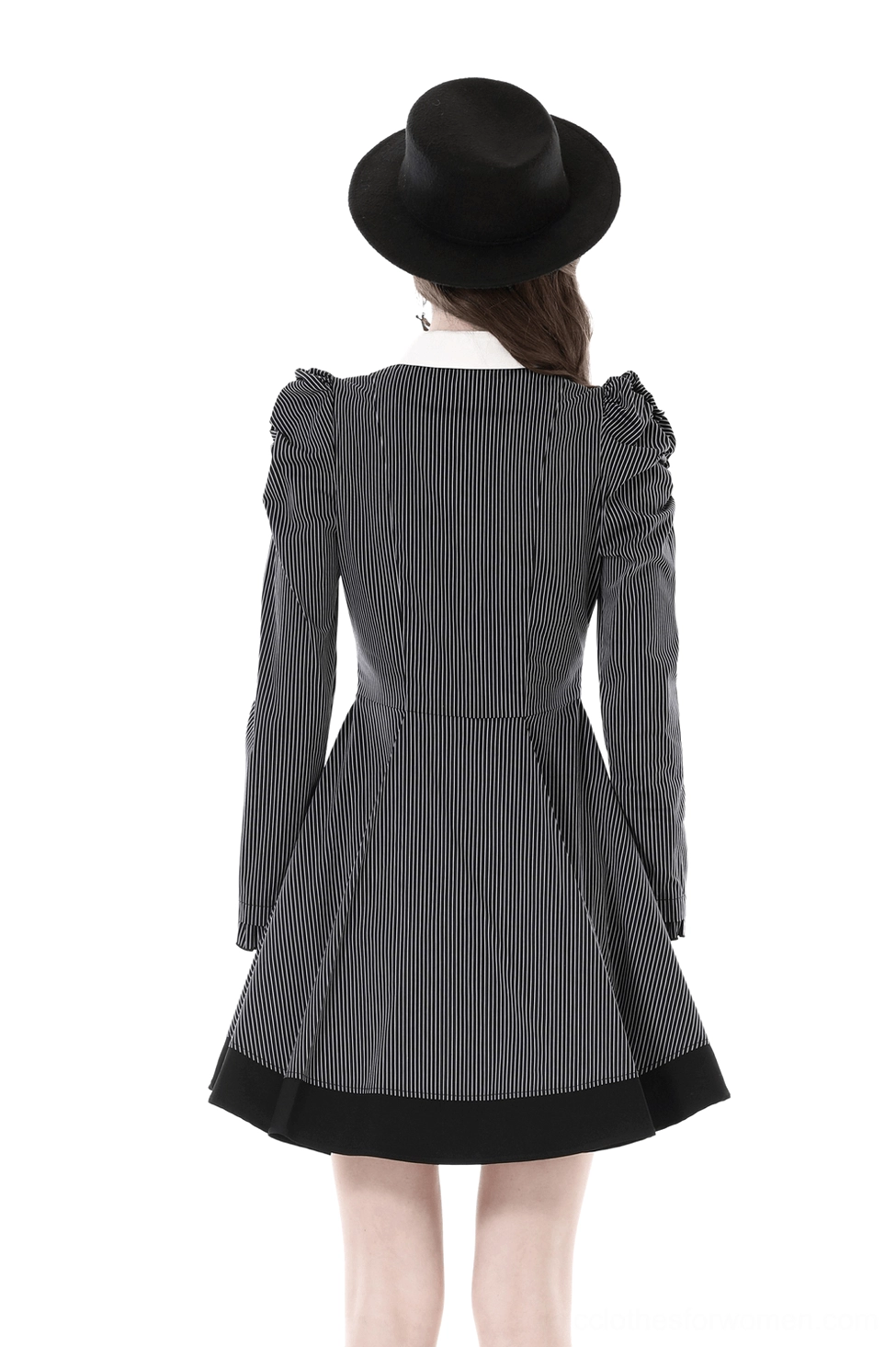Steampunk gothic dress with tailored waist and black-trimmed flared skirt - back full-body view