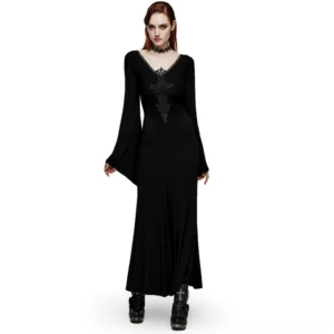 Black gothic floor-length dress with V-neck embroidered front panel and dramatic flared sleeves worn by model, front full-body view