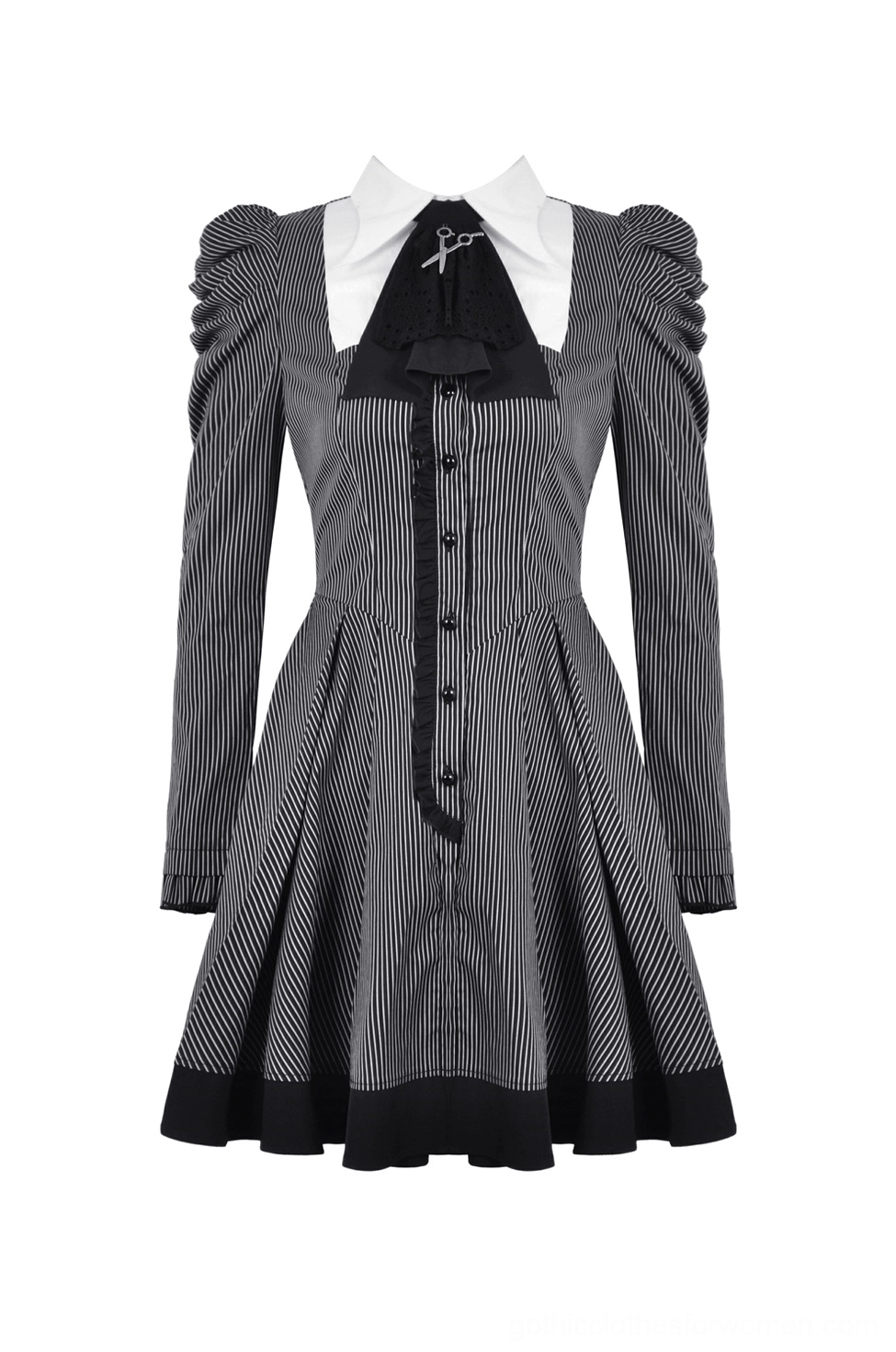 Steampunk gothic dress with buttoned front placket and white collar detail - flat-lay product shot