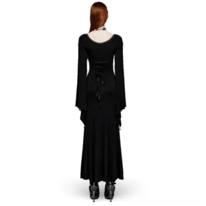 Black gothic dress showcasing velvet ribbon lace-up corset back design and low back neckline, rear full-body view
