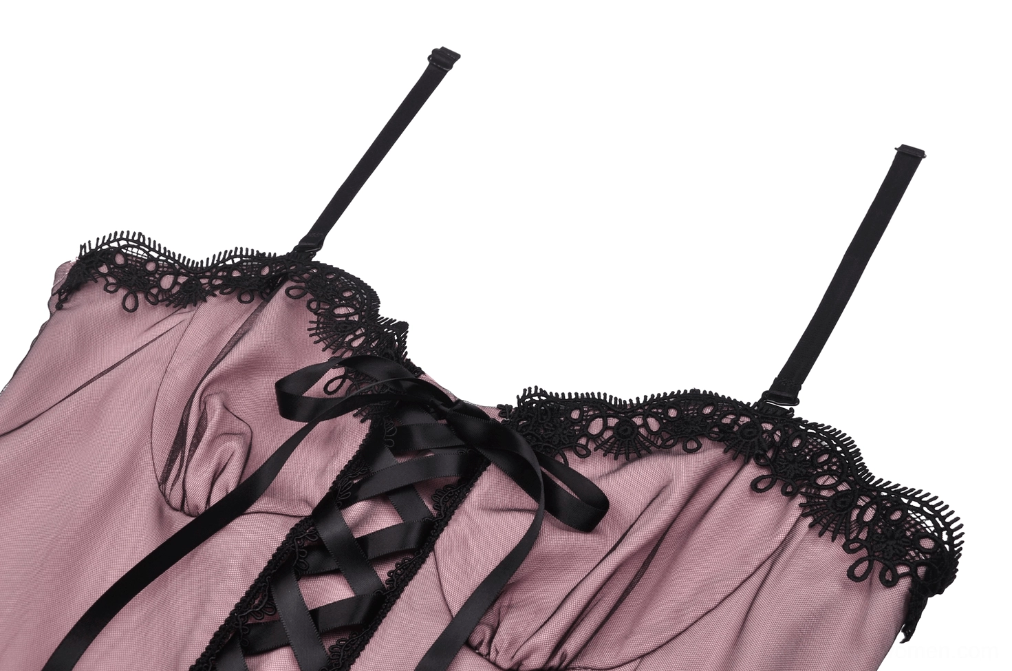 Close-up of black scalloped lace trim neckline with satin ribbon lace-up on dusty pink dress