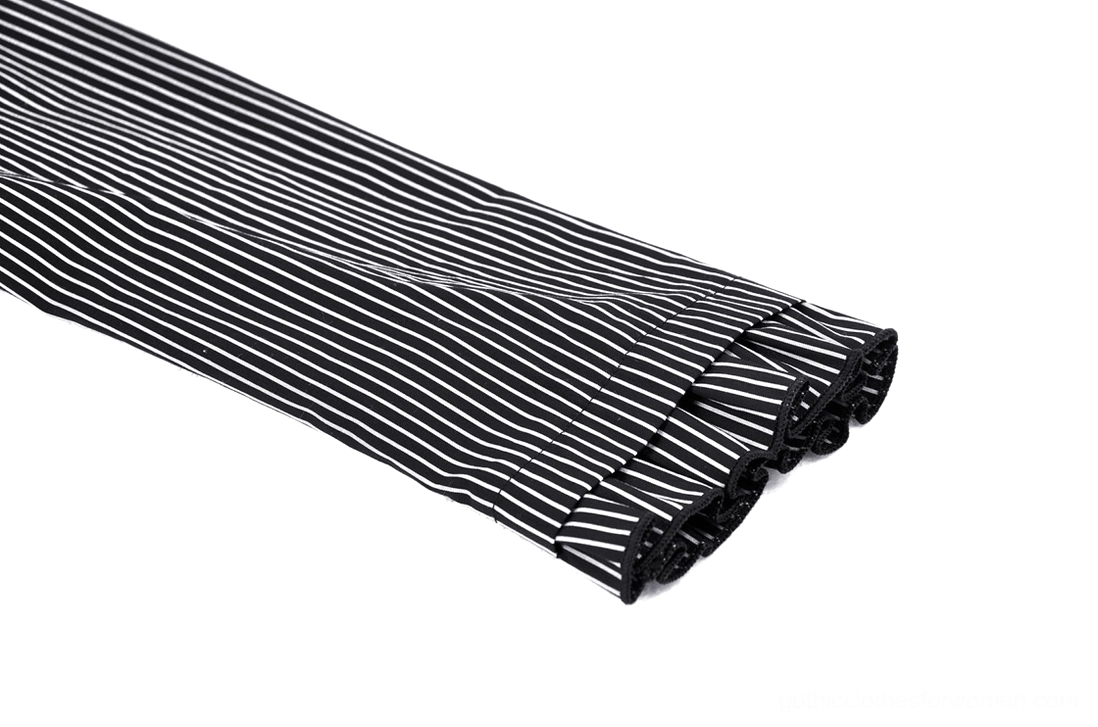 Gothic dress puffed sleeve with pinstriped fabric and ruffled cuff trim - close-up sleeve detail