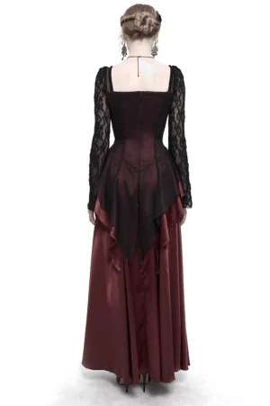 Gothic wine red dress rear view showing low square back and lace sleeve detail