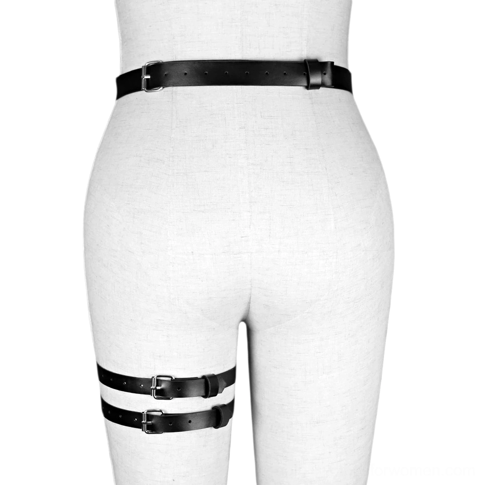 Dual thigh garter belt harness rear view on mannequin, showcasing two adjustable straps and metal buckle system