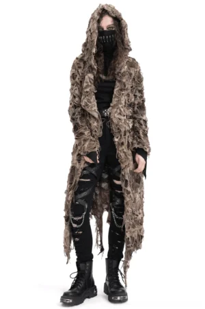 Black distressed hooded duster gothic cape worn by female model, front view, showcasing frayed layers and asymmetrical hem design