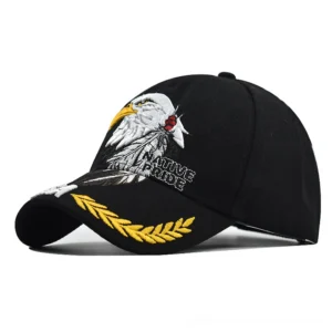 Gothic eagle embroidered black baseball cap side view showing detailed bald eagle and golden wheat brim pattern