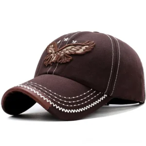Coffee brown gothic military baseball cap with raised eagle embroidery, three-quarter front perspective