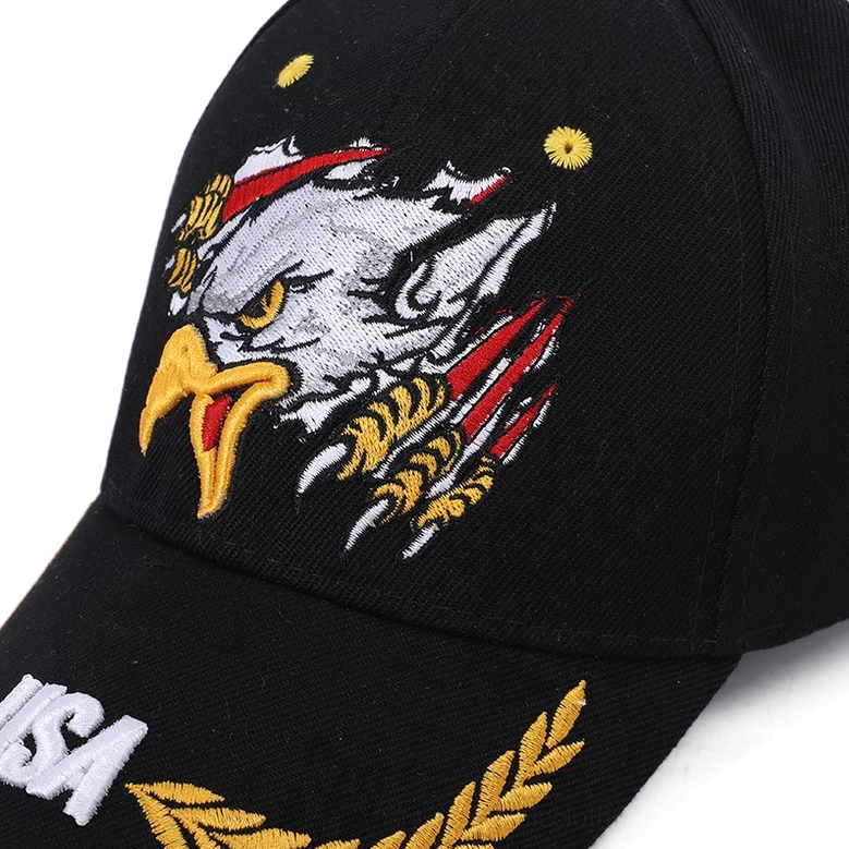 Close-up detailed view of black gothic eagle embroidery with USA text and golden accents