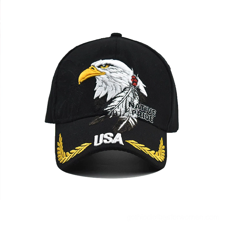Front view gothic baseball cap featuring USA text and detailed bald eagle embroidery on black