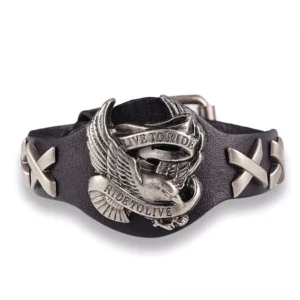 Black genuine leather biker bracelet with eagle emblem and ride to live inscription, aged silver hardware, front view on white background