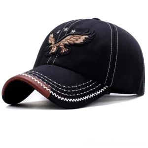 Black gothic military cap with 3D eagle embroidery and star motifs, adjustable strapback - three-quarter front view