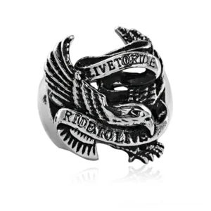Gothic eagle stainless steel biker ring with detailed engraved feather design and decorative text banners, overhead front view