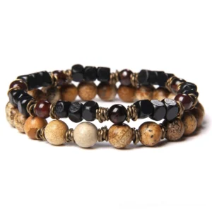 Earth tone natural stone beaded bracelet - brown agate and jasper gothic jewelry for unisex wear