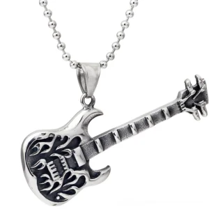 Electric guitar pendant necklace with flame carving and ball chain - front oblique view showing stainless steel gothic rock jewelry