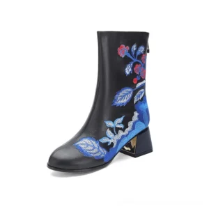 Black embroidered gothic ankle boots with square heel, side view showing blue and burgundy floral embroidery and back zipper