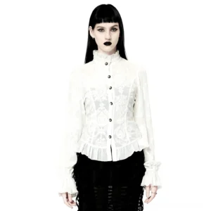 White gothic embroidered blouse with ruffled stand collar and crystal button placket, front view on model