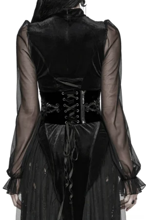 Black gothic corset belt back view on model featuring lace-up closure and embroidered velvet details