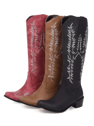 Gothic embroidered knee-high boots in three dark colors - black, burgundy red, and rich brown with silver western embroidery and block heel