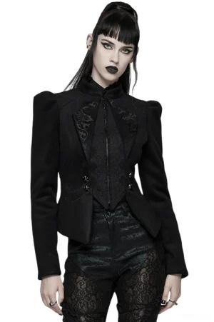 Victorian gothic wool jacket front view on fashion model, featuring embroidered chest panels, structured shoulders, and corset-back lacing system