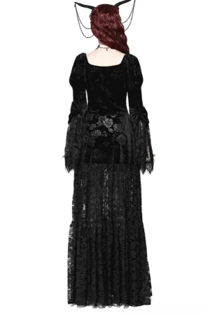 Black lace gothic evening cape back view displaying square neckline and floral-embossed velvet pattern with dramatic drape