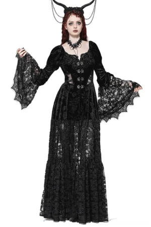 Black lace gothic evening cape front view worn by model with horn headdress, showing full-length silhouette and ornate lace sleeve detailing