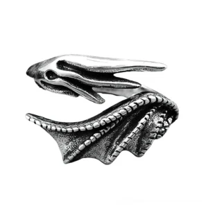 Evil feather wing gothic ring in 925 sterling silver, side view showing intricate carved wing design and open wrap construction