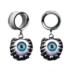 Pair of gothic eyeball ear tunnels with blue iris and spiky frame in surgical steel, frontal studio view