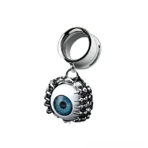Single gothic eyeball ear tunnel dangle with intricate spike detail and deep blue eye design, side angle view