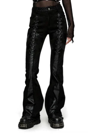 Black gothic flared trousers with lace-up mesh side panels, front view on model