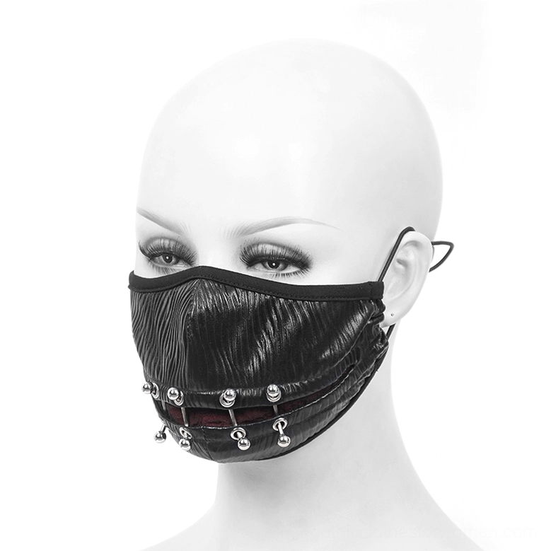 Left side view of black wrinkled leather gothic face mask displaying adjustable ear straps and elastic cord adjuster on white studio background