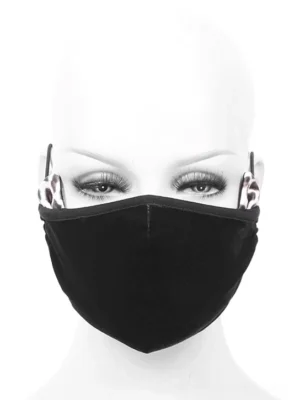 Gothic black velvet face mask with leopard ear accents worn on mannequin head, front facing view