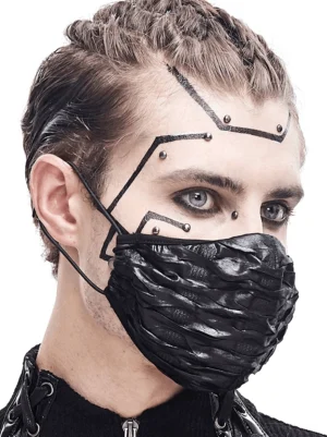 Side front studio view of black wrinkled gothic cyberpunk face mask with adjustable elastic ear cords