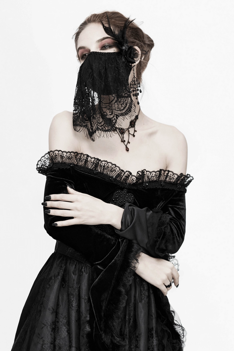 Black lace gothic face veil mask sizing and measurement guide reference chart