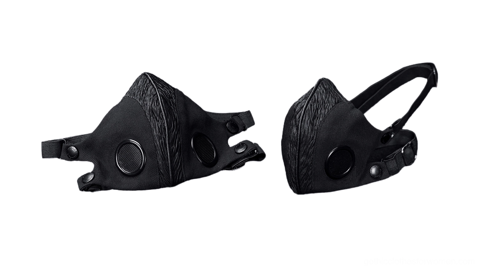 Two gothic woven face masks flat lay overhead shot showing buckle fasteners and textured fabric detail