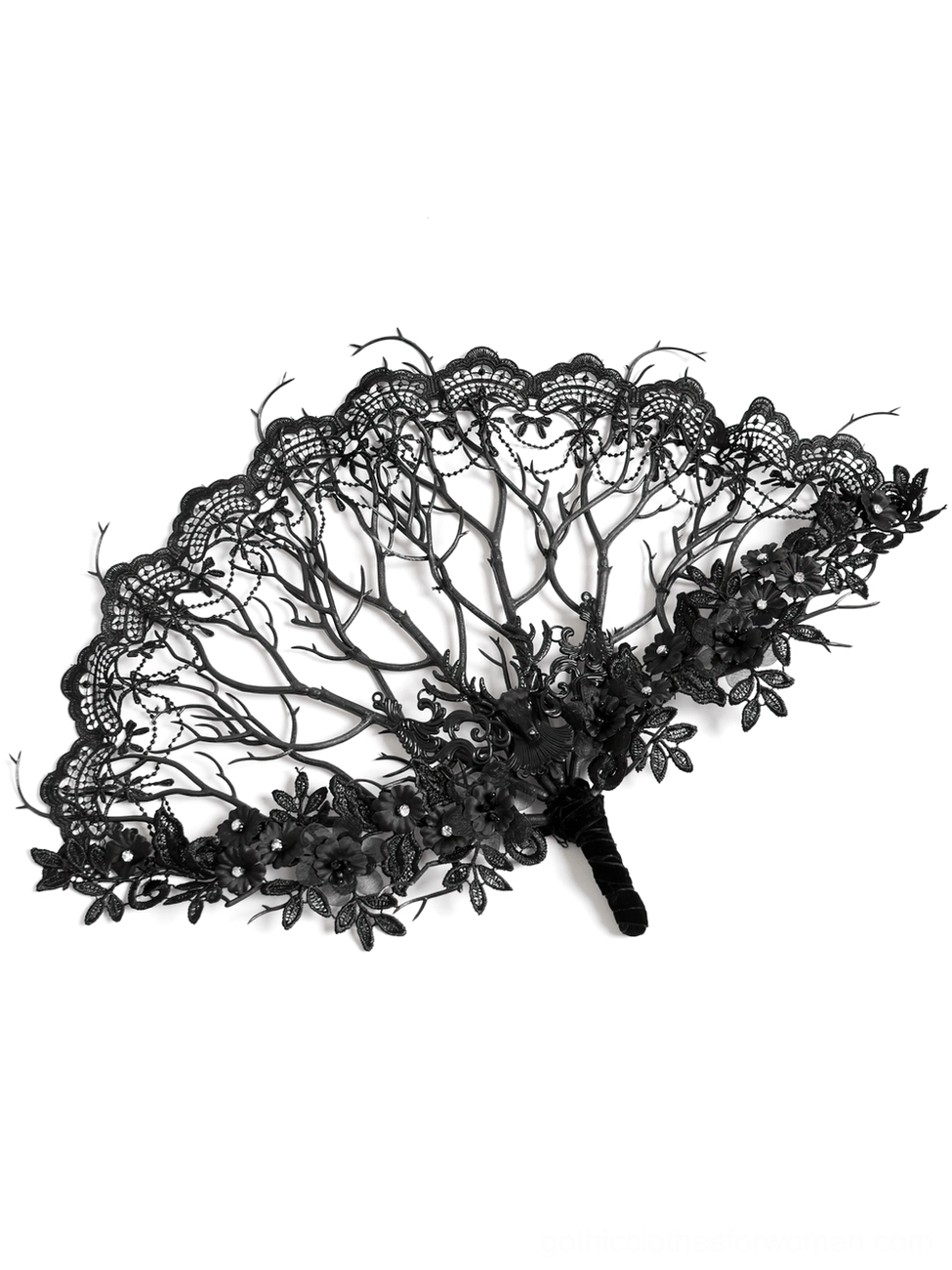 Side profile view of gothic black lace hand fan showcasing 3D dimensional floral branch decorations and ornate lace trim